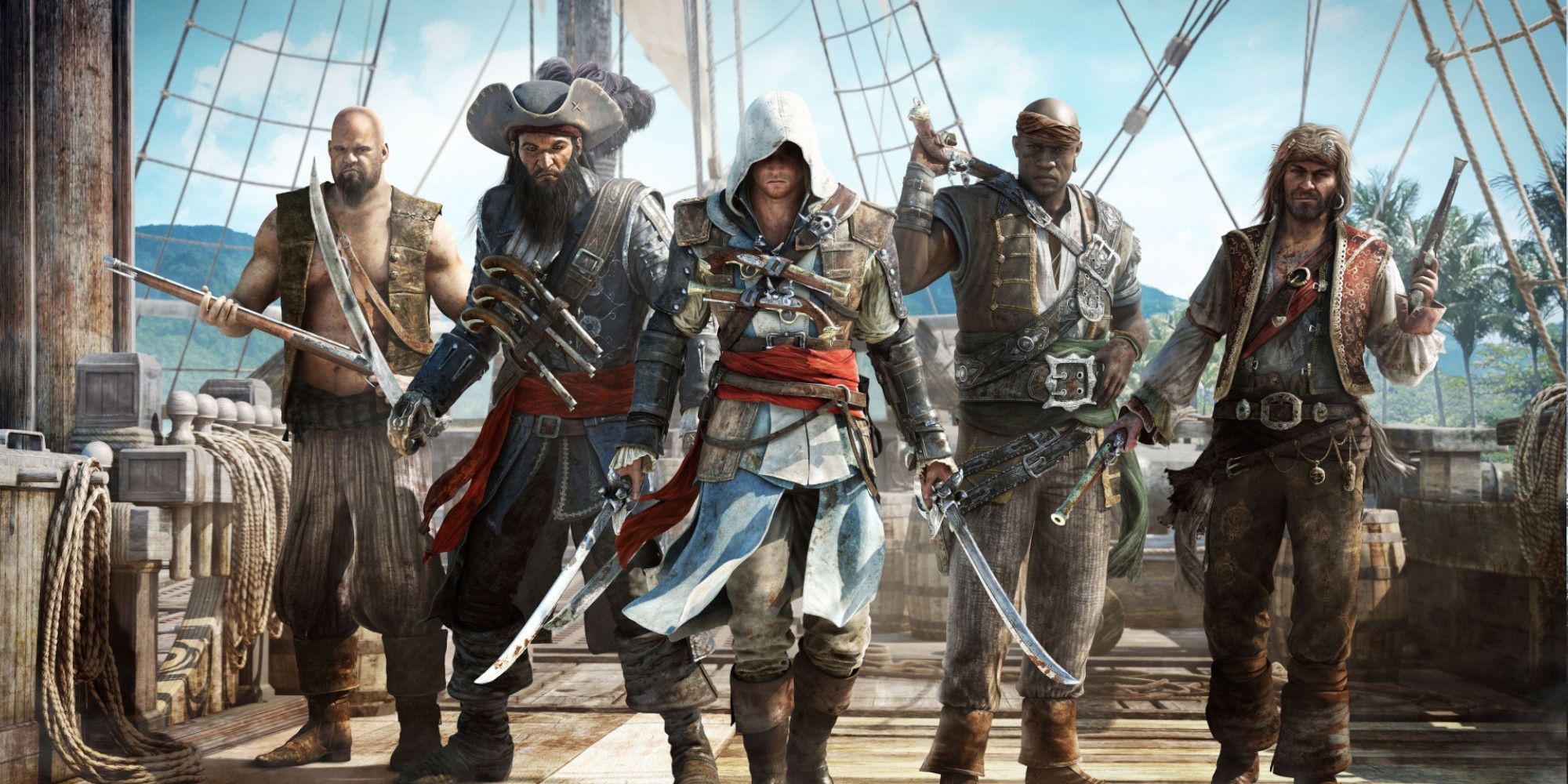 Edward Kenway with other pirates in Assassin's Creed: Black Flag