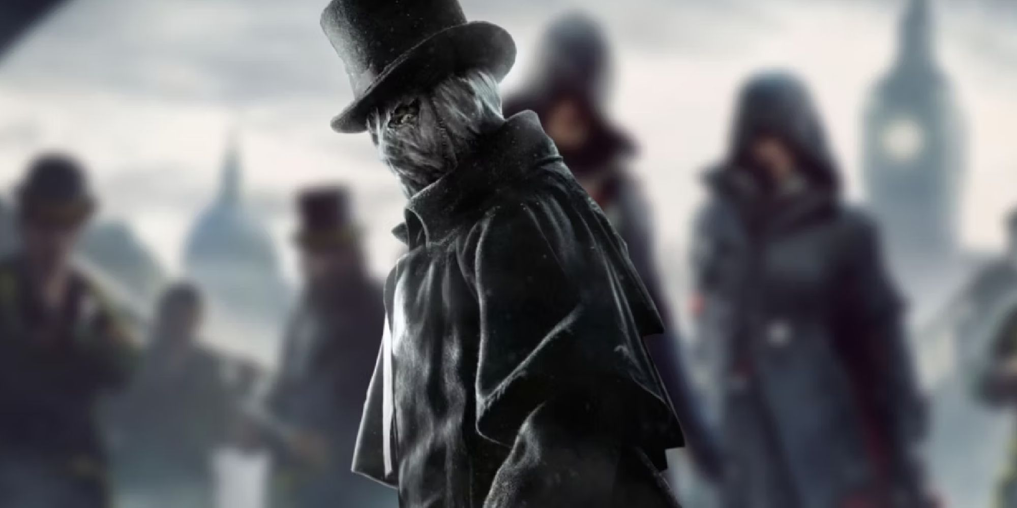 Jack the Ripper as featured in the DLC of the same name, looking at the viewer through the eyehole of a full-face cloth mask