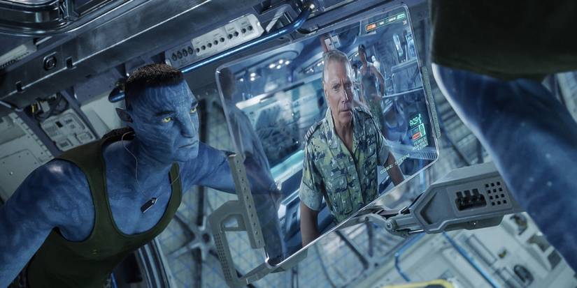 Colonel Miles Quaritch as Na'vi on screen in Avatar: The Way of Water
