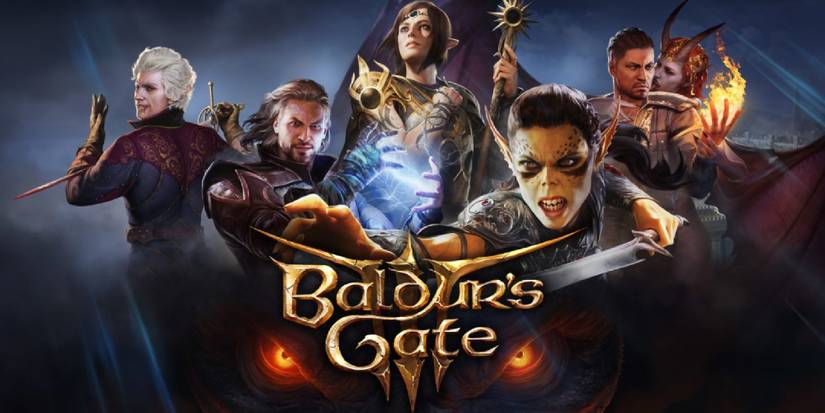 A line-up of all the playable companions in Baldur's Gate 3, the title in bold gold text at the bottom centre.