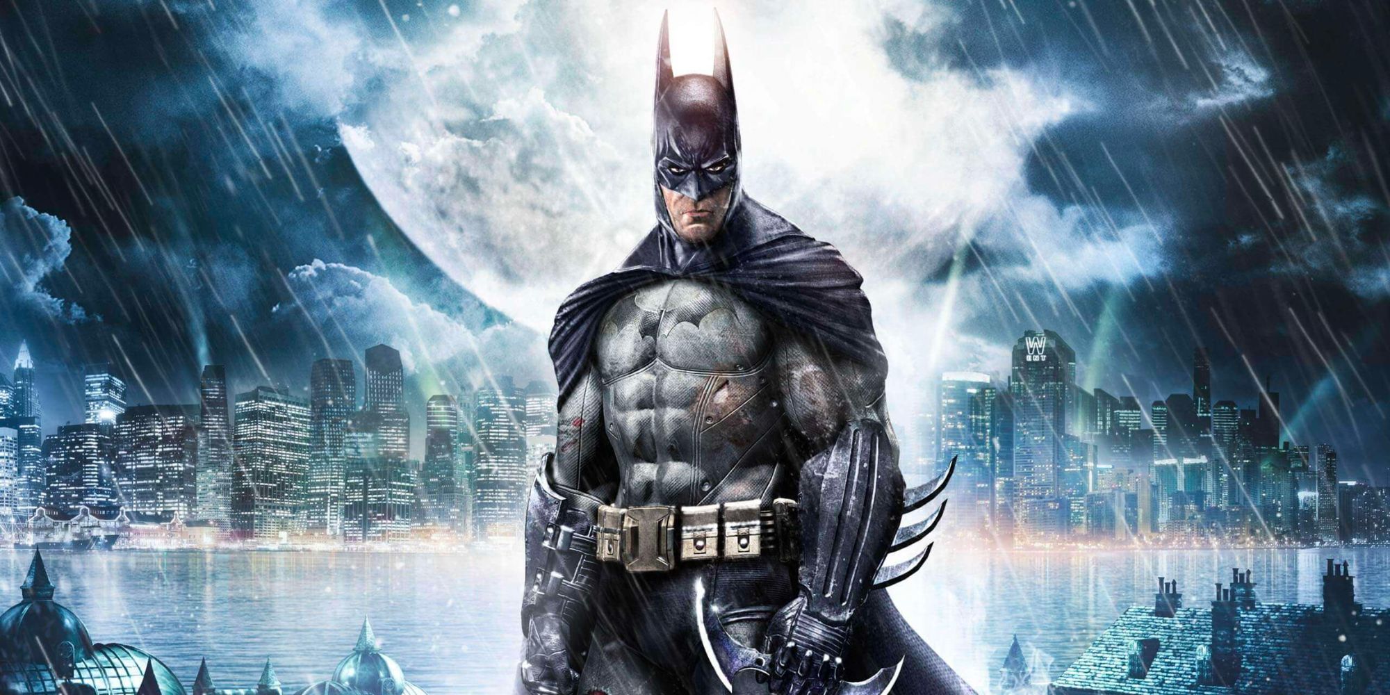 Batman in front of Gotham City