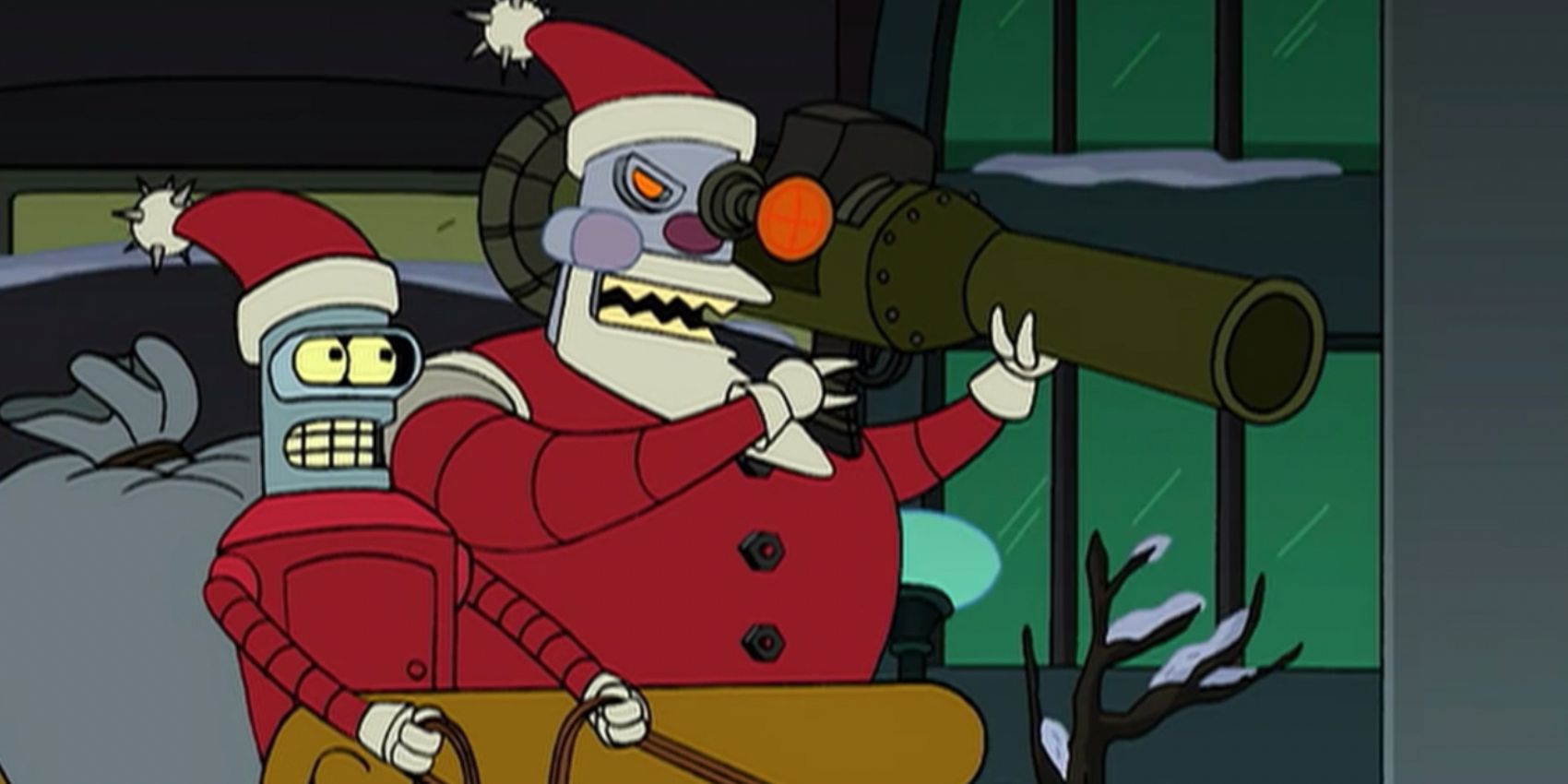 Bender and Robot Santa in a sleigh in Futurama