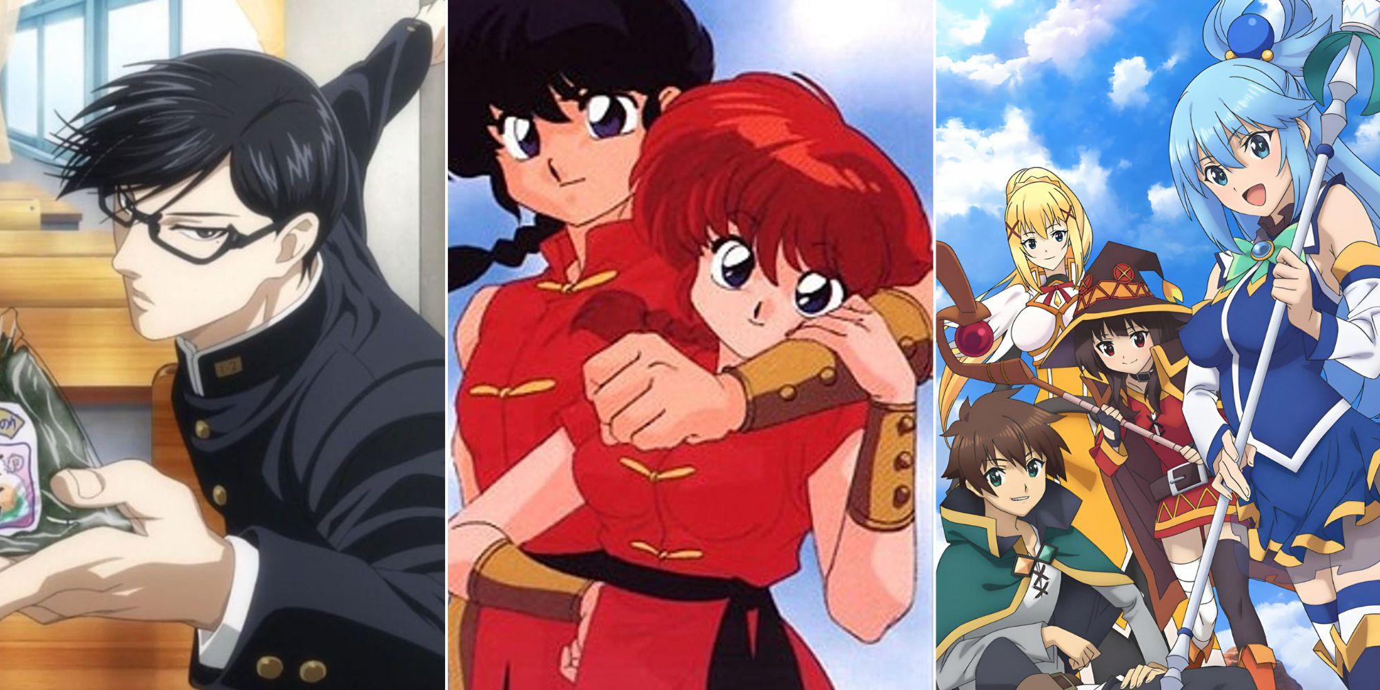 split image of sakamoto desu ga, ranma 1/2, and konosuba