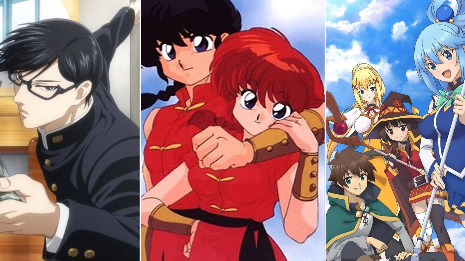 split image of sakamoto desu ga, ranma 1/2, and konosuba