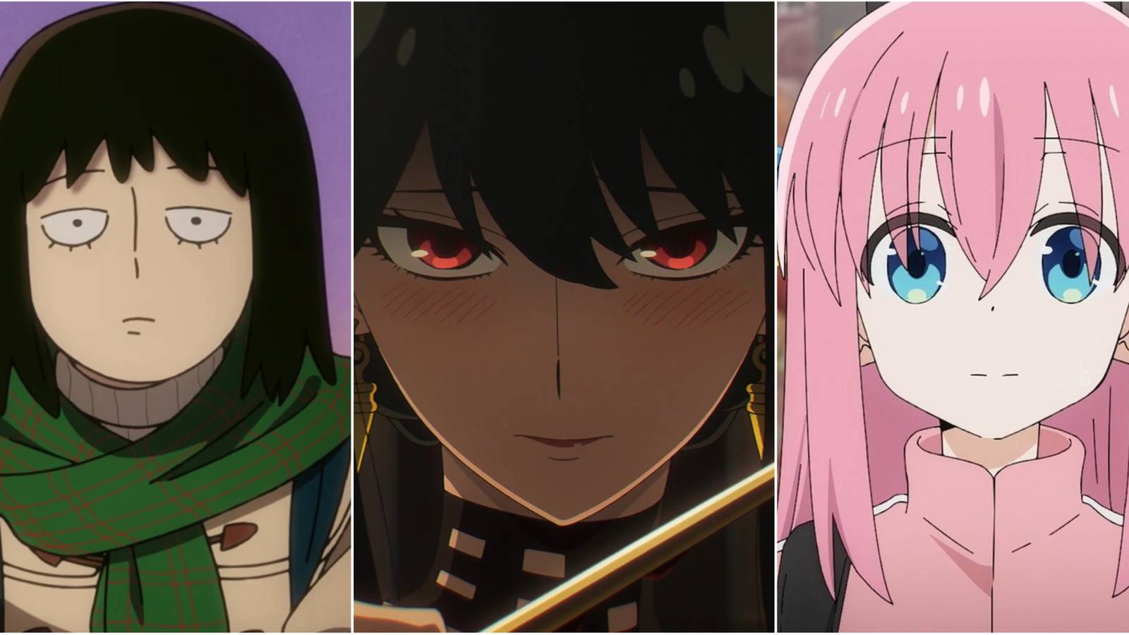 Three way split grid of Tome from Mob Psycho 100, Yor from Spy X Family, and Bocchi from Bocchi The Rock