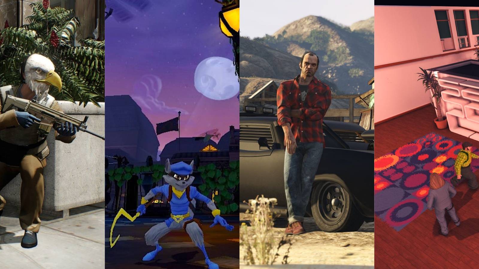 Thief in Eagle Mask with gun from Payday 2, Sly Cooper, Trevor From Grand Theft Auto 5, and overhead shot of two burglars in Crookz: The Big Heist