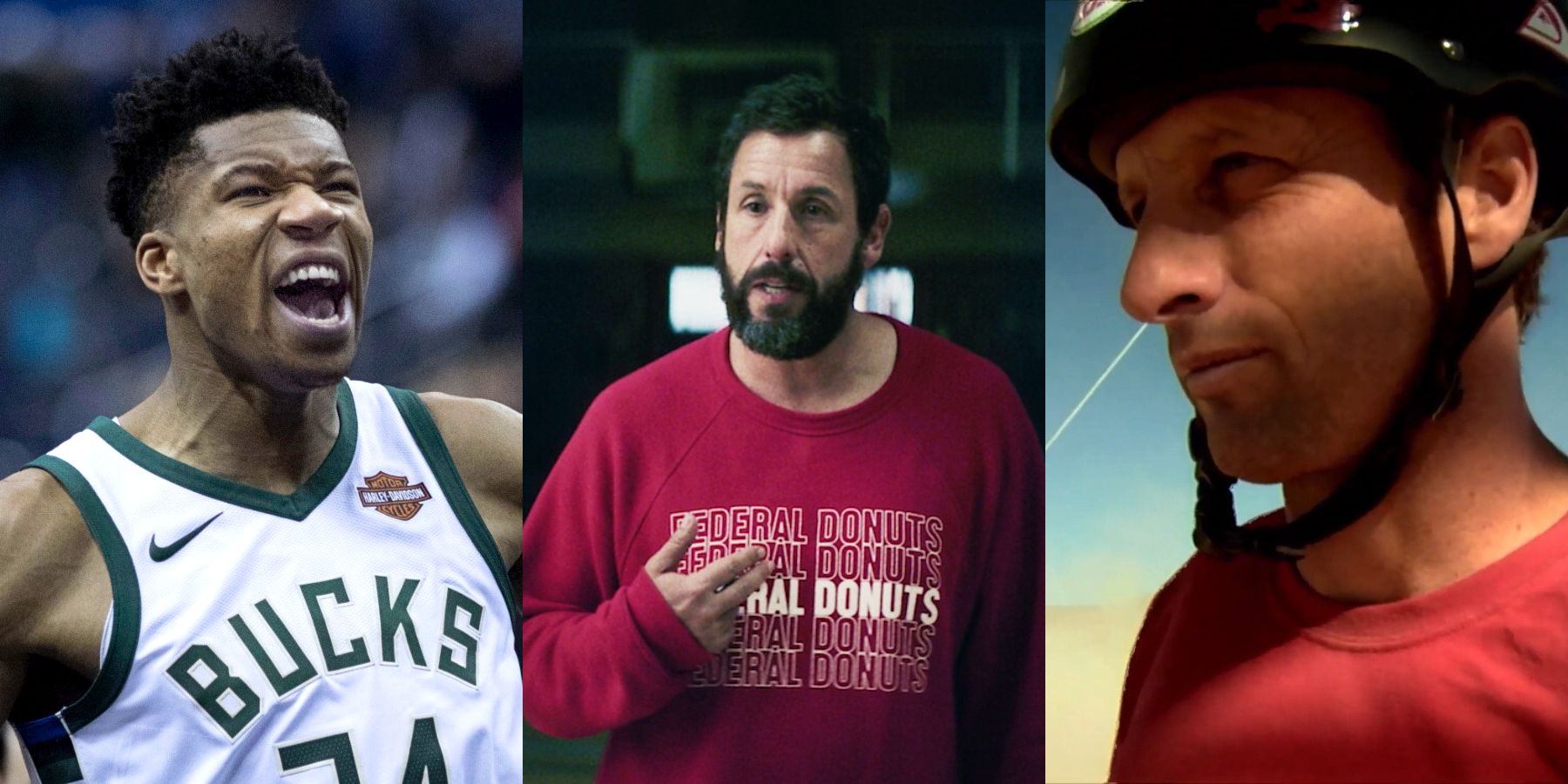 Giannis Antetokounmpo, Adam Sandler and Tony Hawk split image