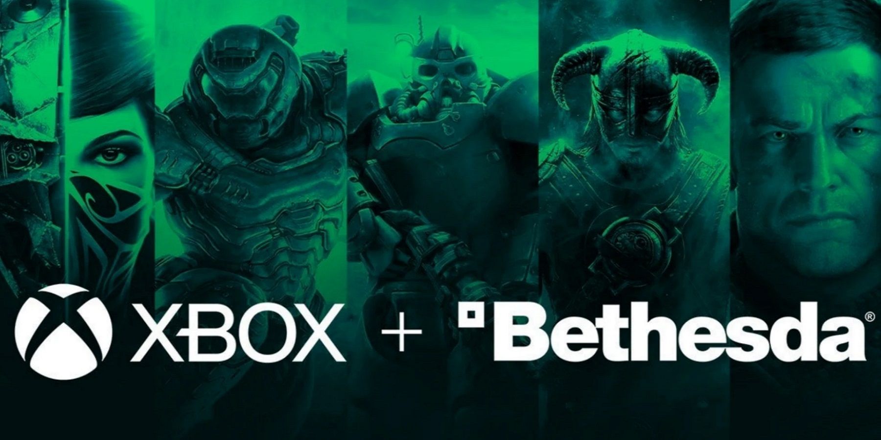 A green image showing the Xbox and Bethesda logos with some artwork from games like Doom, Skyrim, and Fallout.