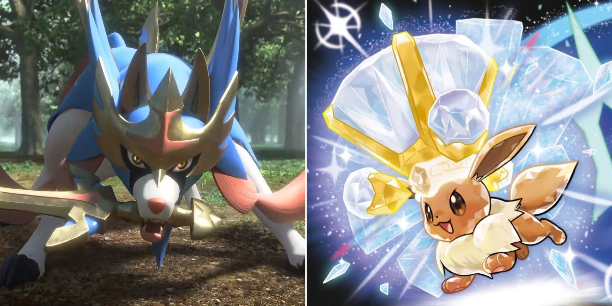 Split image of Zacian and a terastral eevee