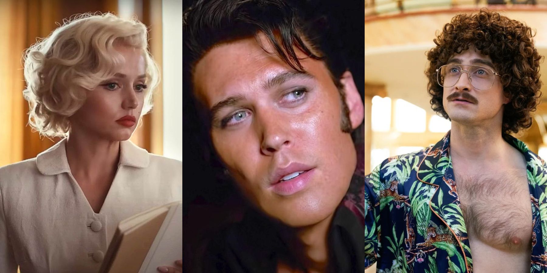 Ana de Armas as Marylin Monroe, Austin Butler as Elvis and Daniel Radcliffe as Weird Al Yankovic in split image
