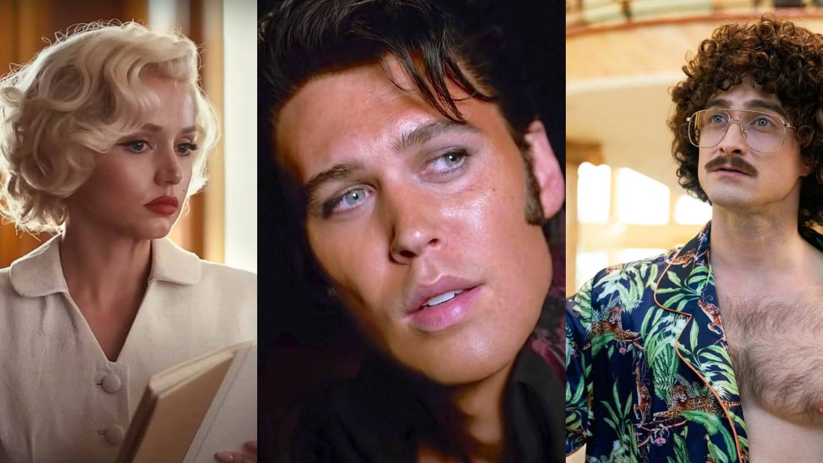Ana de Armas as Marylin Monroe, Austin Butler as Elvis and Daniel Radcliffe as Weird Al Yankovic in split image