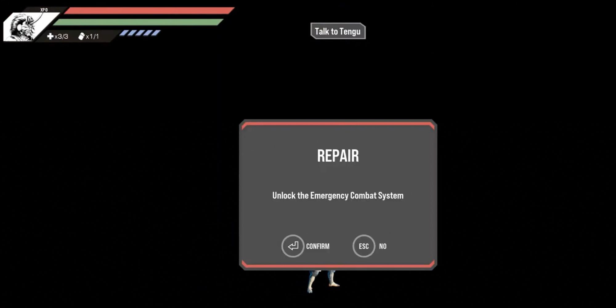 The player repairs their emergency combat system after talking to the Tengu