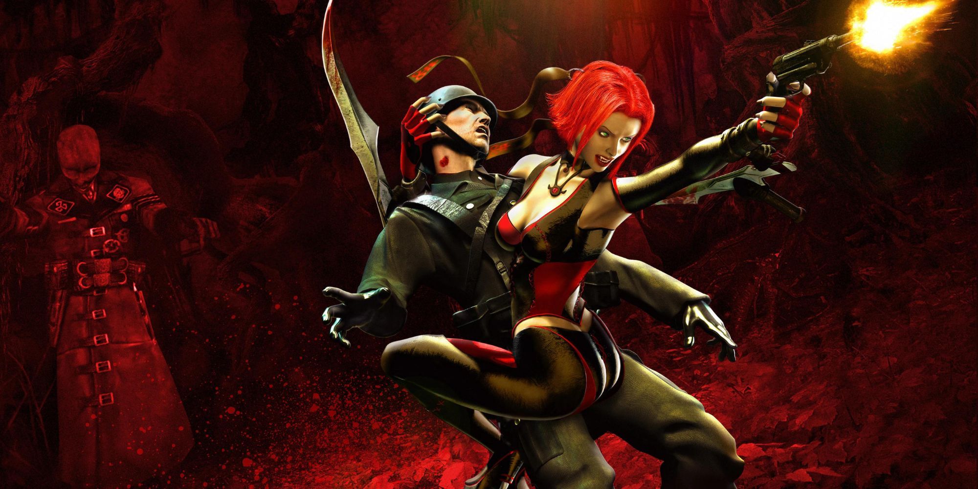 Rayne fires while holding a soldier in BloodRayne