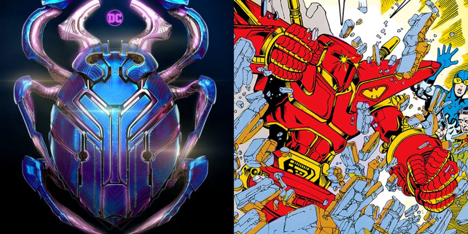 A split image features the Blue Beetle poster alongside Carapax from the comics