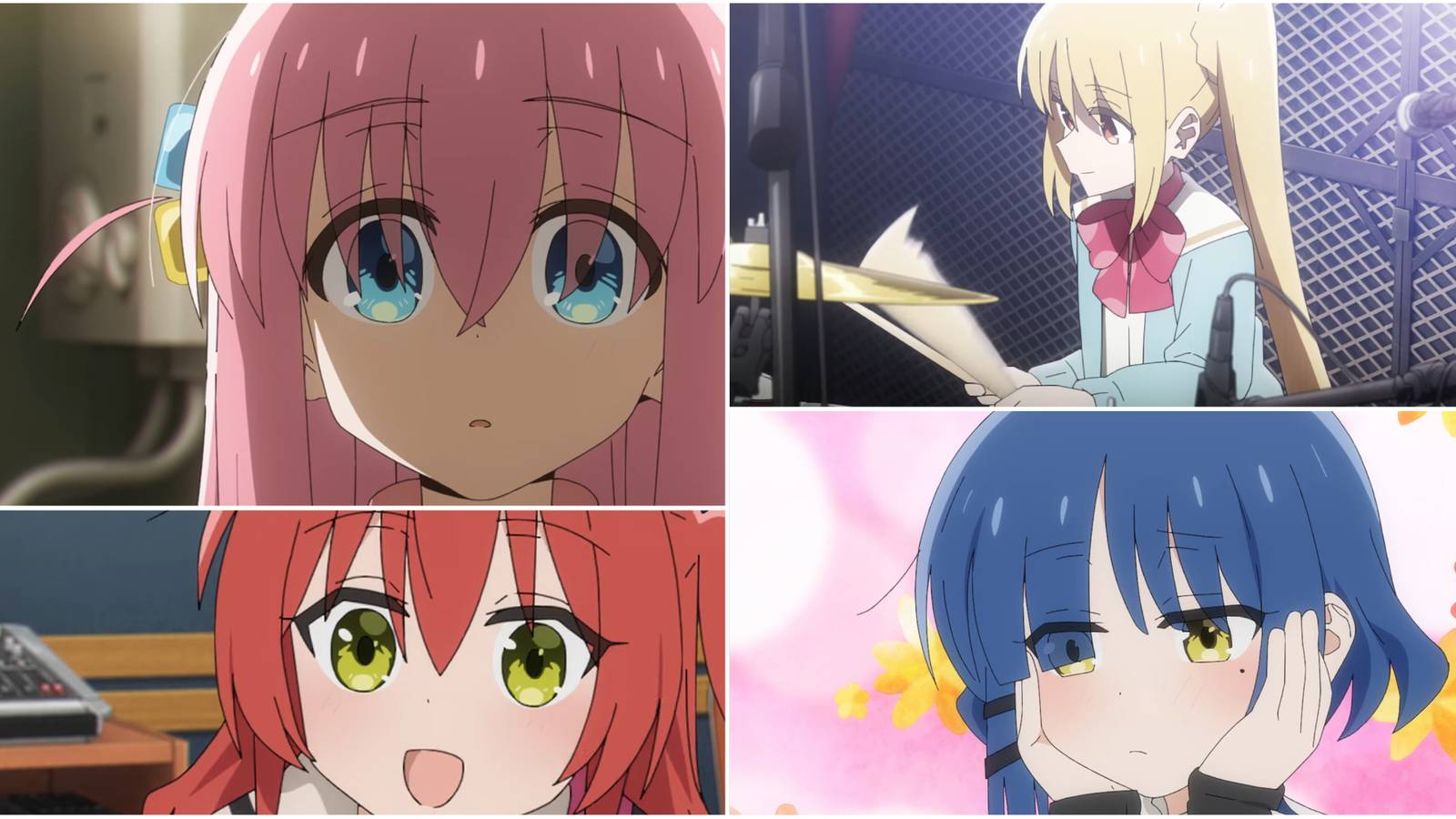 Four way split grid of Bocchi, Nijika, Kita, and Ryo from Bocchi The Rock