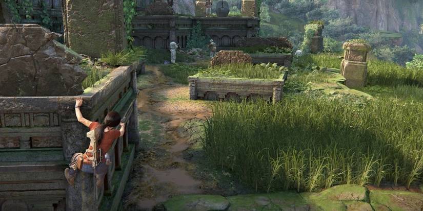 Chloe Frazer exploring temple exterior outside 