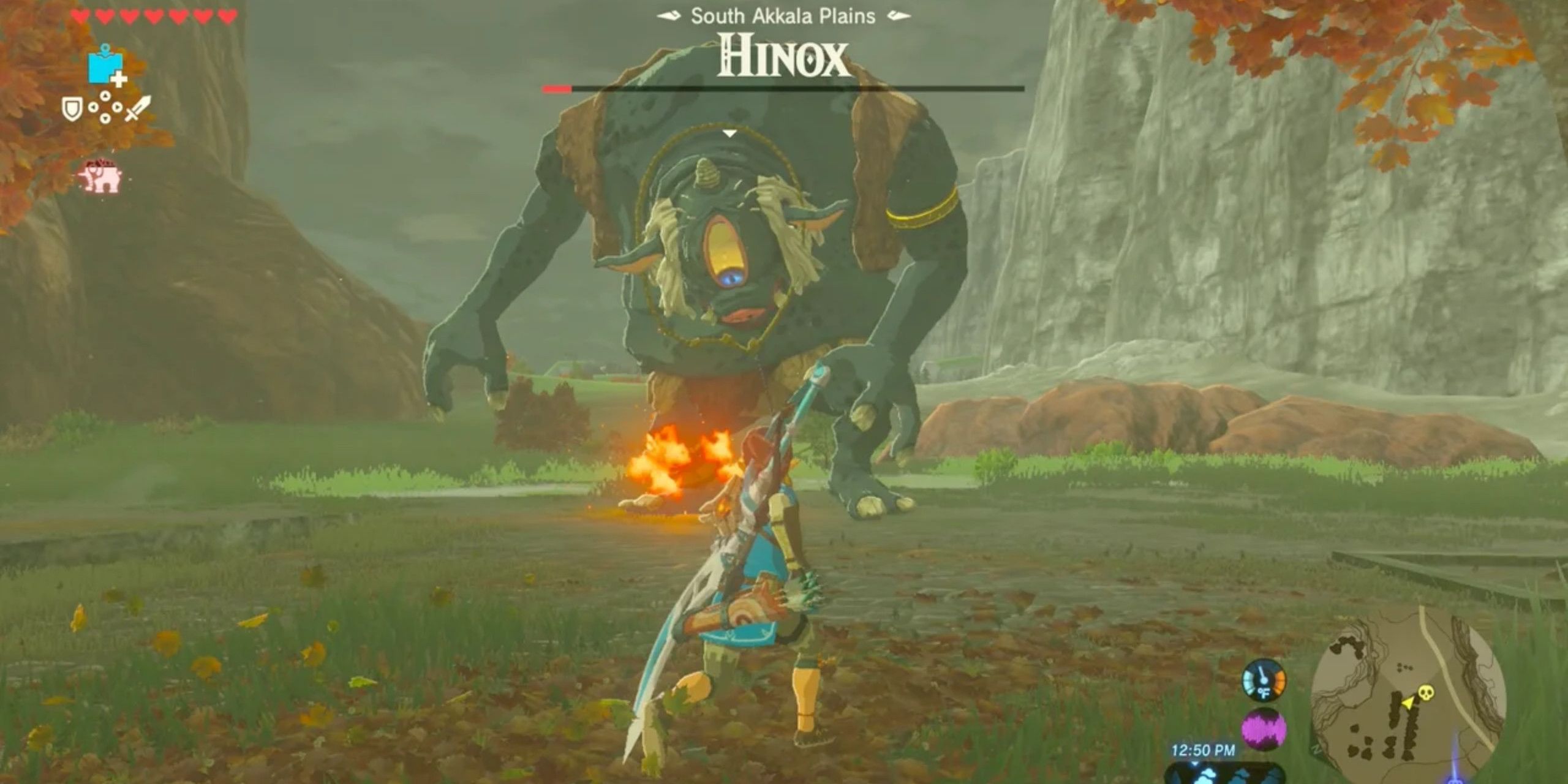 Link facing off against Hinox located in the South Akkala Plains