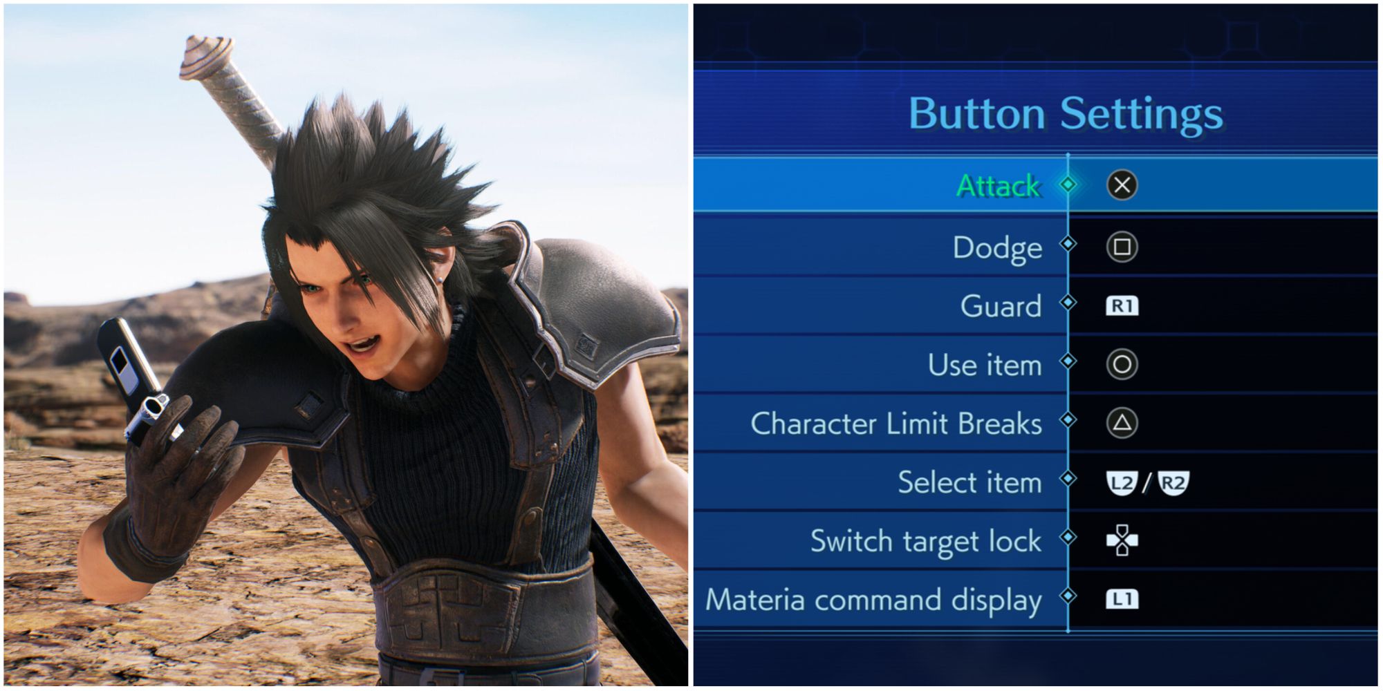 Button settings in Crisis Core: Final Fantasy 7 Reunion