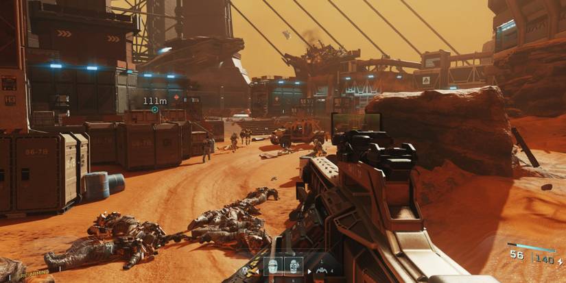 Player aiming weapon on Mars base 