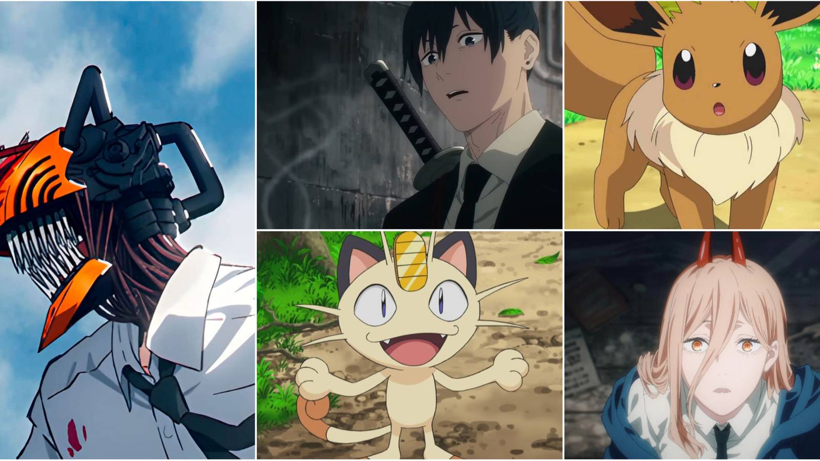 Five way split grid of various Chainsaw Man characters and Pokemon