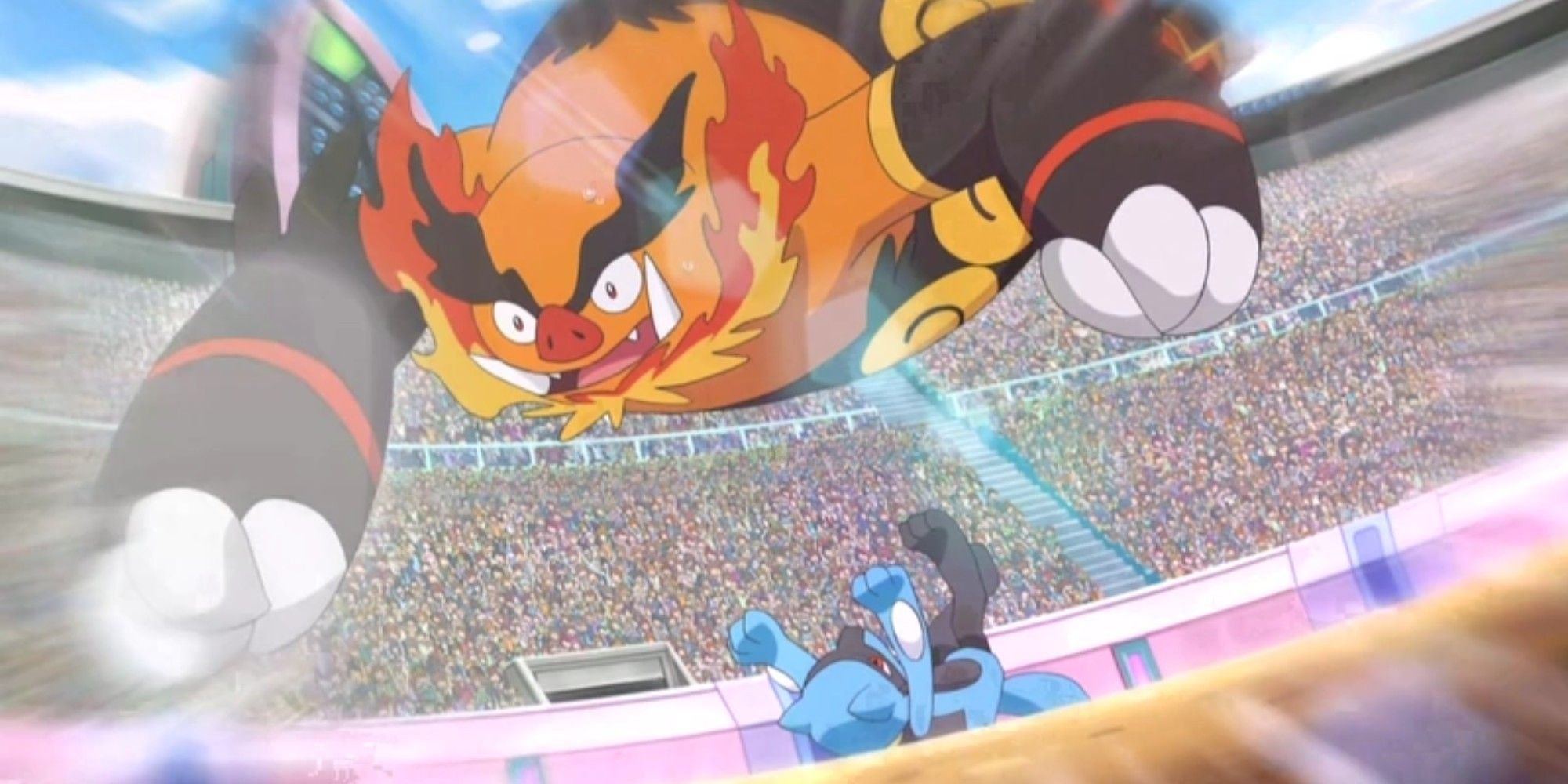 a riolu using circle throw against Emboar in the anime