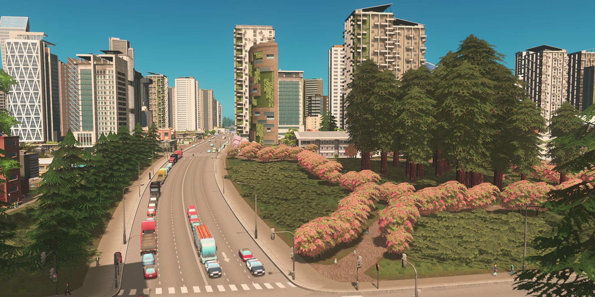 a screenshot from Cities Skylines showing a road leading into the city