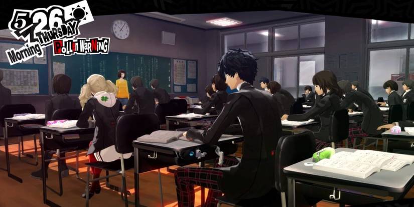 Joker and Ann sitting in Kawakami's class in Persona 5 Royal