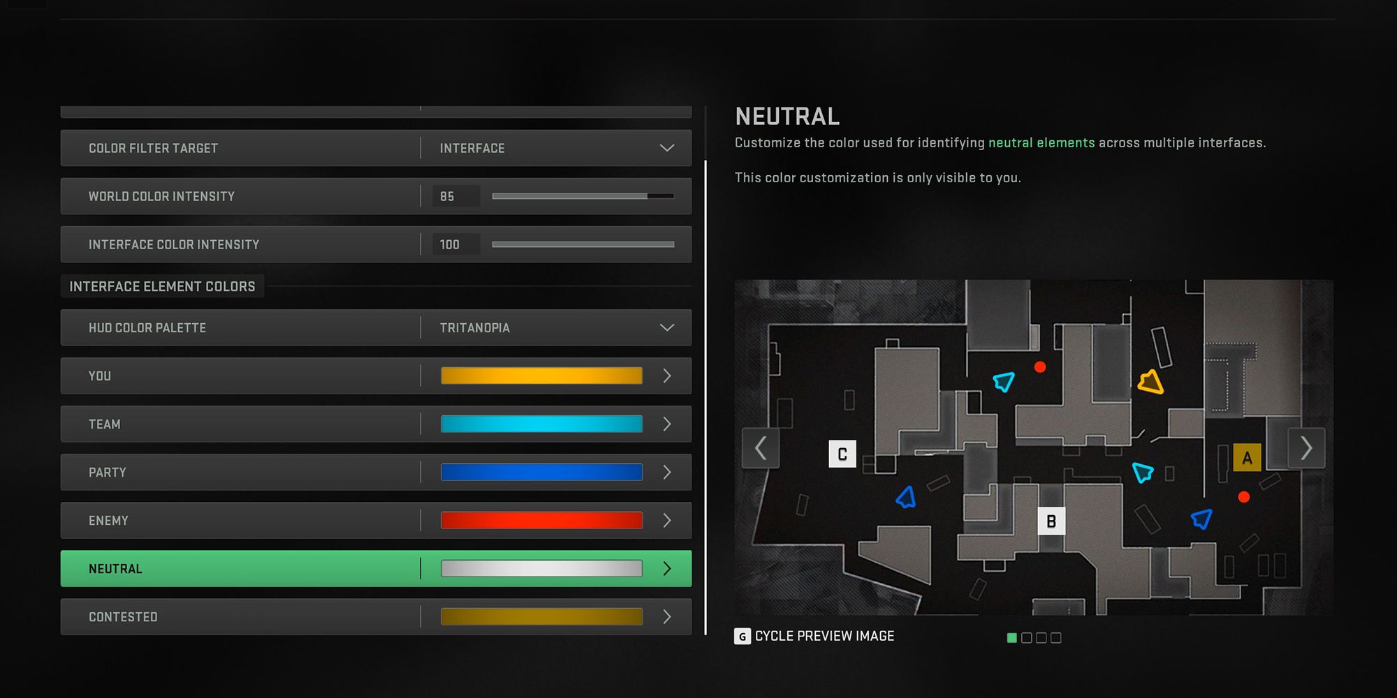 Color customization options found in COD Warzone 2.0 settings