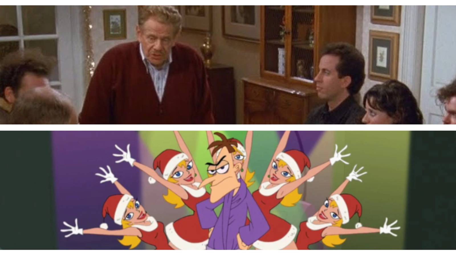 Top: Frank Costanza at the end of a crowded dinner table. Bottom: Heinz Doofenshmirtz in front of female performers dressed as Santa. Image sources: The Best War Games and phineasandferb.fandom.com
