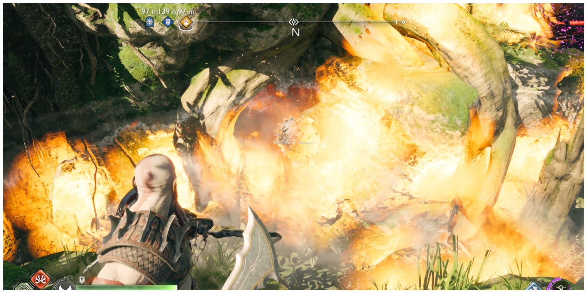 Kratos burns a plant in God of War Ragnarok
