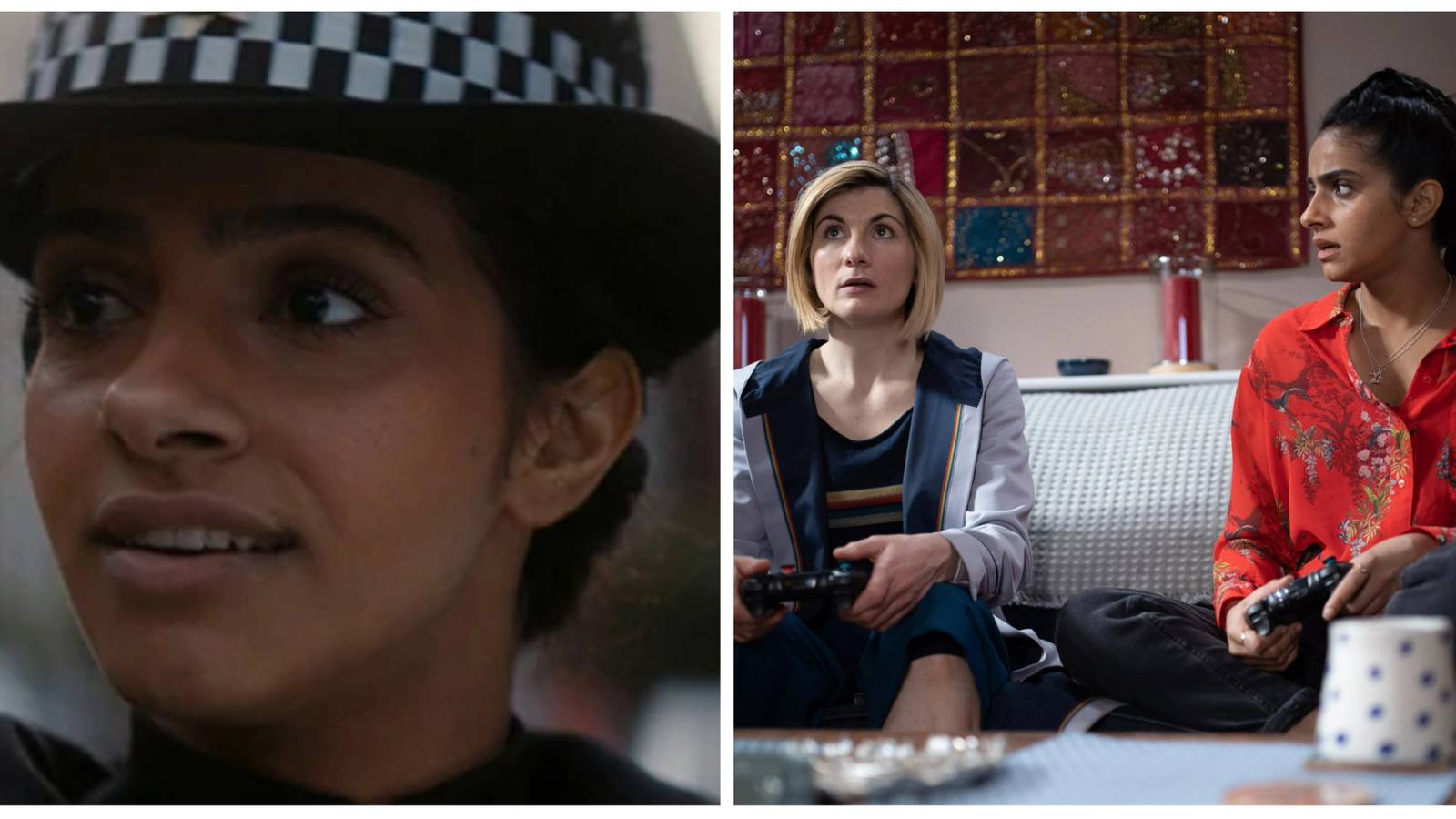 Left image: close up image of Yaz in her police uniform. Right: The Doctor and Yaz sat on the sofa at Yaz's house looking confused.