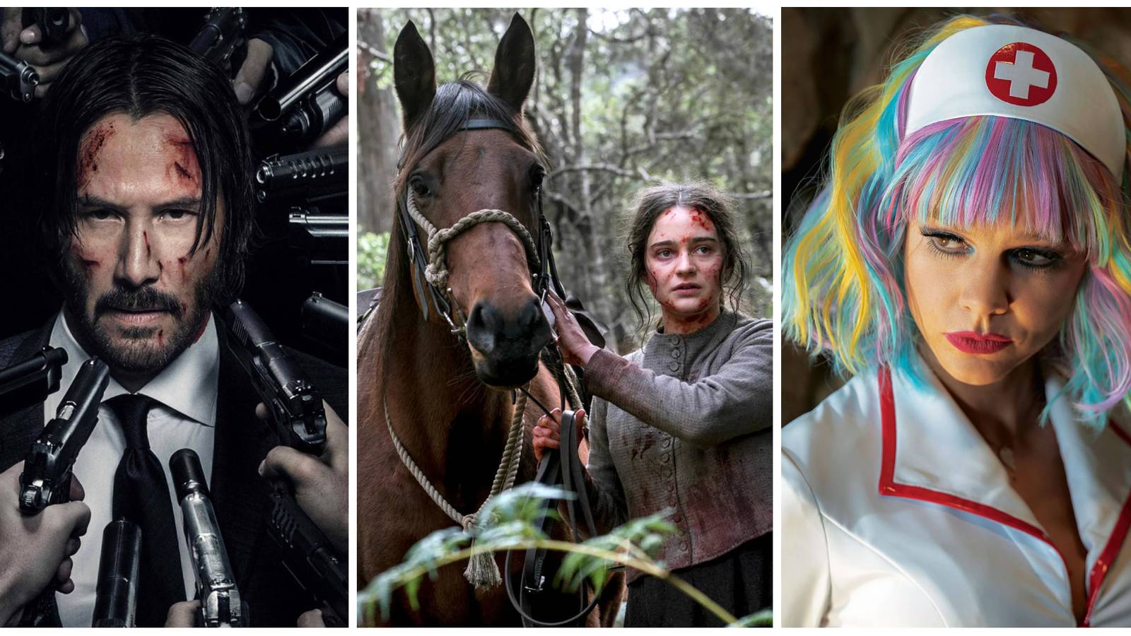 Keanu Reeves in John Wick, Aisling Franciosi in The Nightingale, and Carey Mulligan in Promising Young Woman