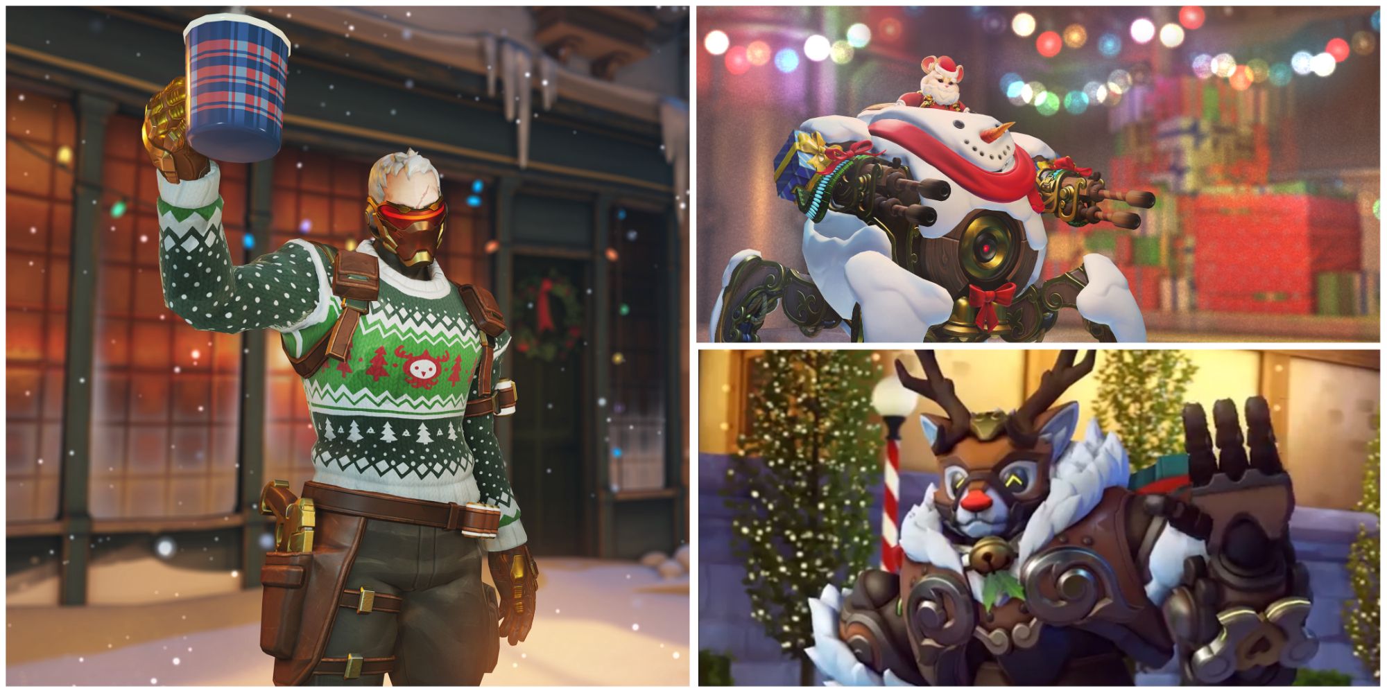 Overwatch 2, Christmas Skins featured image with Soldier: 76, Orisa and Wrecking Ball