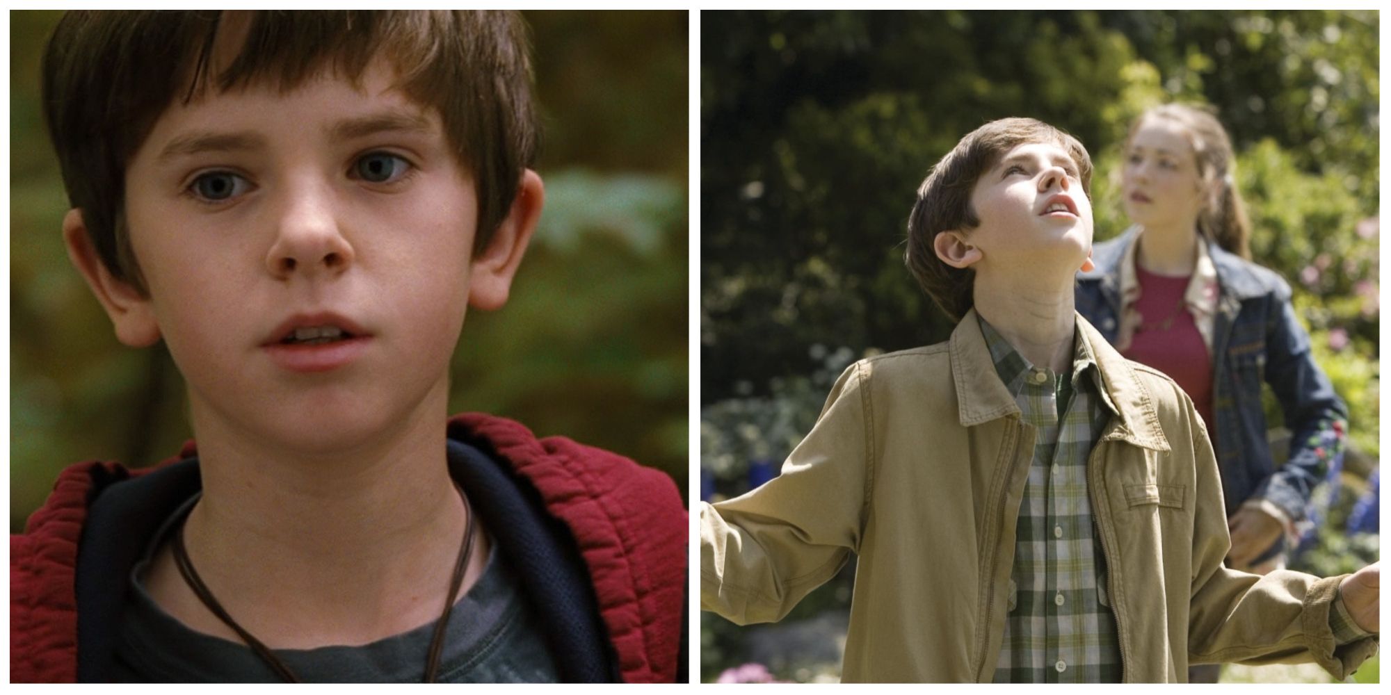 Left image: Jared exploring the woods. Right: his twin Simon looking up at the sky with his arms outstretched.