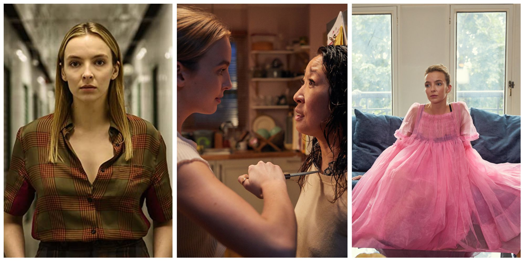 Left image: Villanelle staring at the camera. Middle image: Villanelle holding a knife up to Eve's throat whilst facing her. Right image: Villanelle in the iconic pink fluffy dress sat on a therapist's couch.