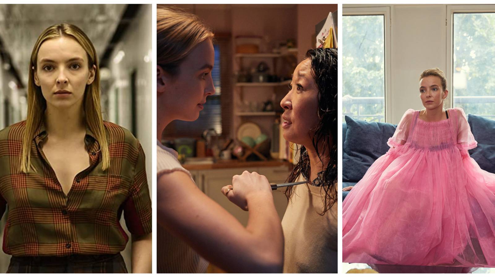Left image: Villanelle staring at the camera. Middle image: Villanelle holding a knife up to Eve's throat whilst facing her. Right image: Villanelle in the iconic pink fluffy dress sat on a therapist's couch.
