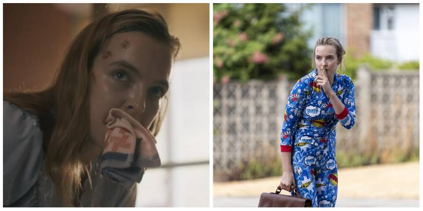 Combined image. Left image: Villanelle with a tea towel in her mouth and a cut on her forehead looking for something. Right image: Villanelle in children's pyjamas with a suitcase and holding a finger to her lips.