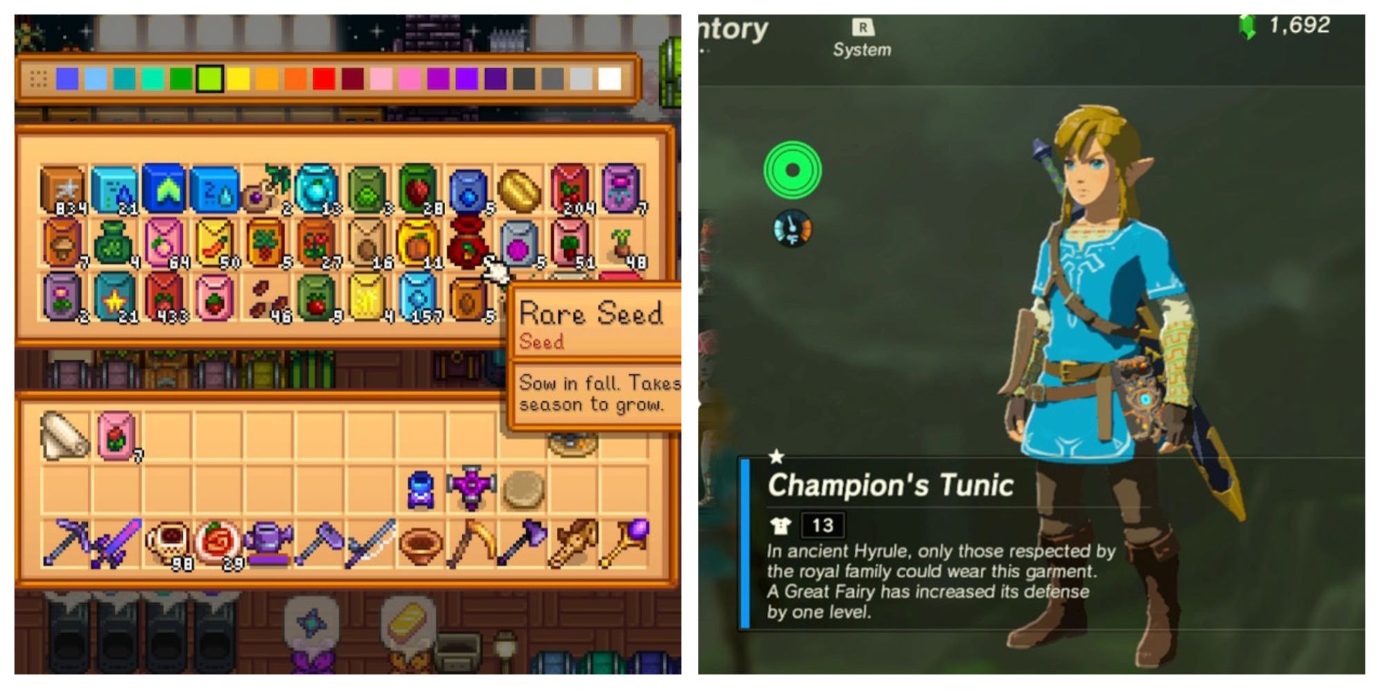 Left: An inventory of assorted seeds and tools from Stardew Valley. Right: Link in his blue Champion's Tunic.