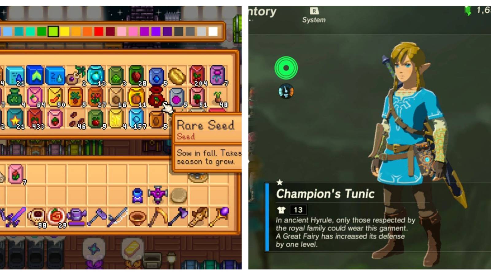 Left: An inventory of assorted seeds and tools from Stardew Valley. Right: Link in his blue Champion's Tunic.