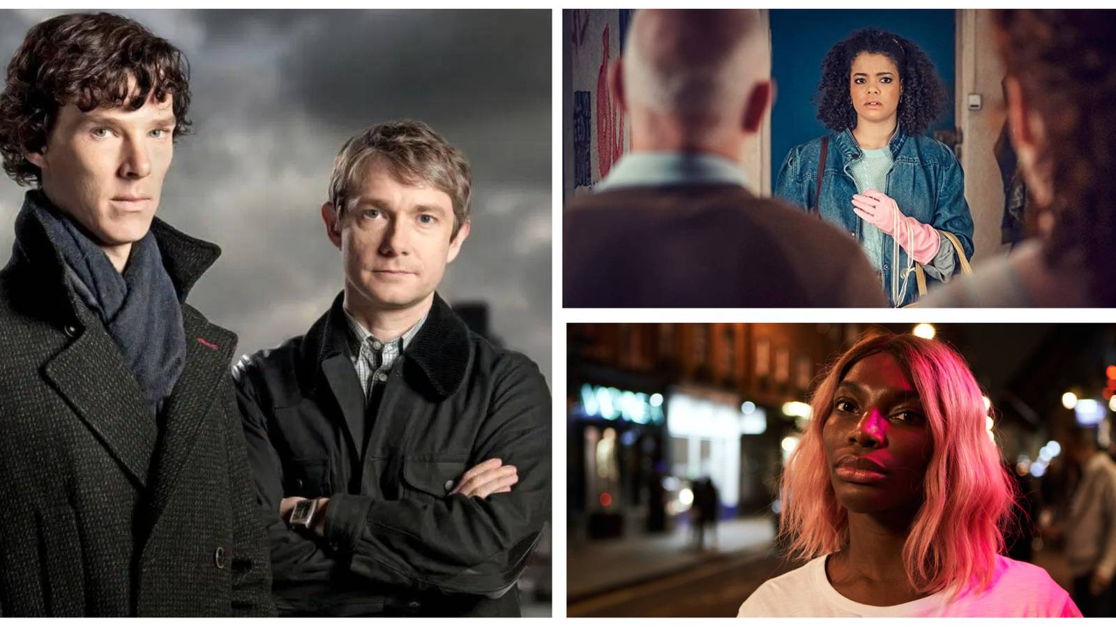 Left: Sherlock and Watson. Top Right: Lydia in It's A Sin. Bottom Right: Arabella in I May Destroy You.