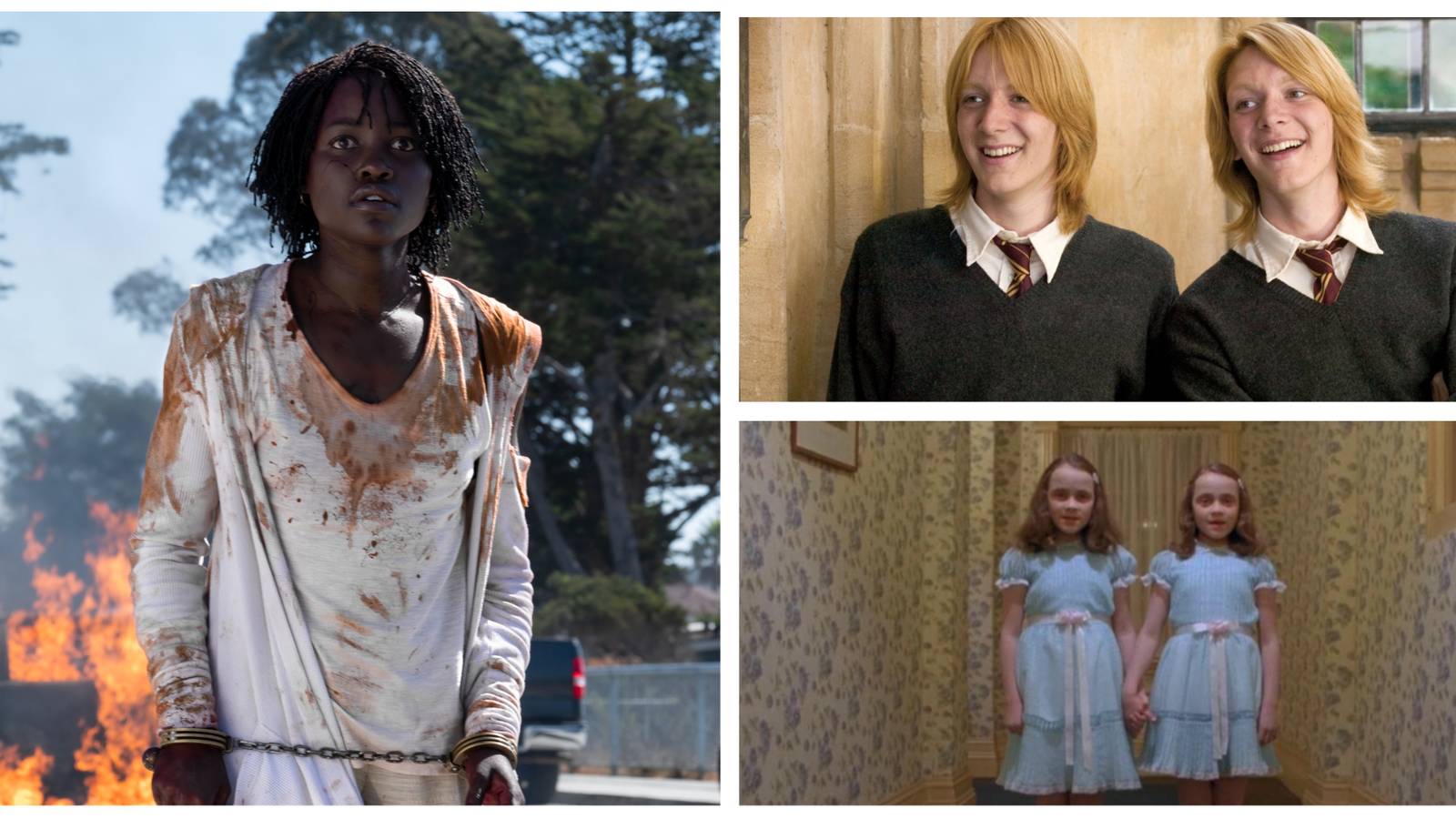 Left image: Lupita Nyong'o in Us. Top right: Fred and George Weasley. Bottom right: the twins from The Shining in the hotel.