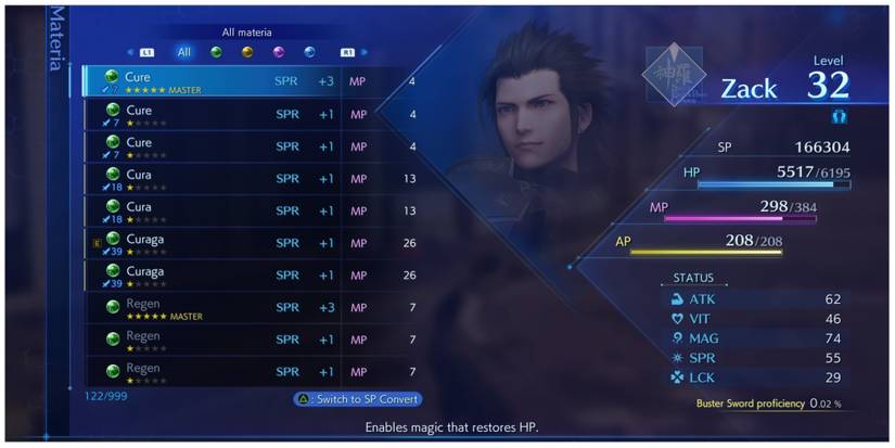 The Materia menu in Crisis Core: Final Fantasy 7 Reunion