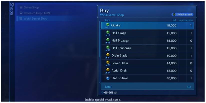 The Wutai Secret Shop in Crisis Core: Final Fantasy 7 Reunion