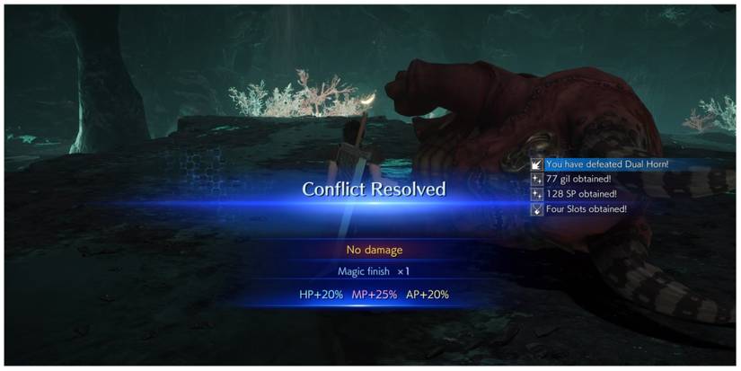 Zack defeats a Dual Horn in Crisis Core: Final Fantasy 7 Reunion