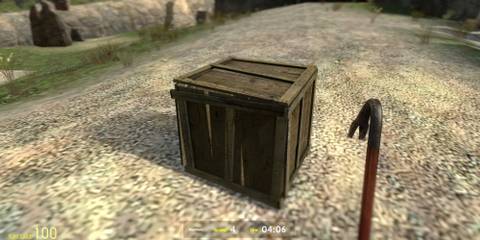 Seeker examining a wooden crate that may be someone from the Prop team.