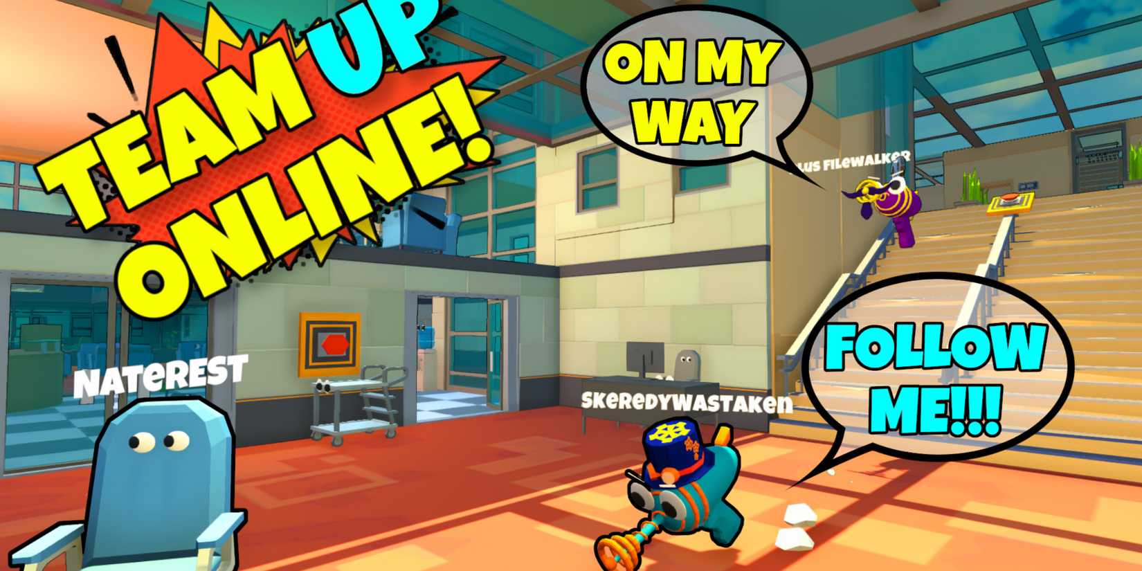 Two hunters chasing after a Prop disguised as a chair