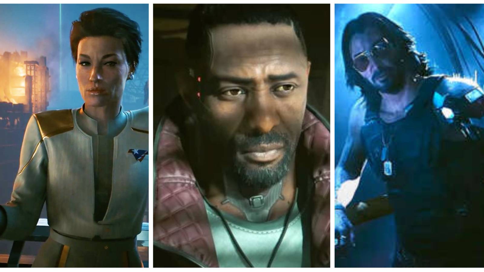 mysterious character, solom reeds idris elba, johnny silverhand keanu reeves in cyberpunk 2077 DLC