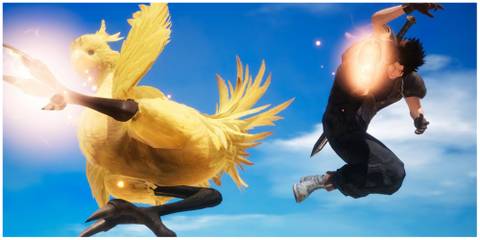 Zack and a Chocobo in Crisis Core: Final Fantasy 7 Reunion