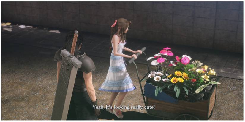 Zack and Aerith use a Flower Wagon in Crisis Core: Final Fantasy 7 Reunion