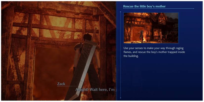 Zack prepares to rescue the boy's mother in Crisis Core: Final Fantasy 7 Reunion